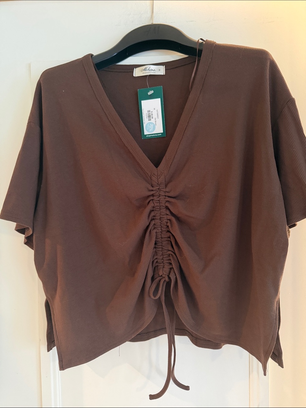 mahina Brown Ruched V-Neck Crop Top